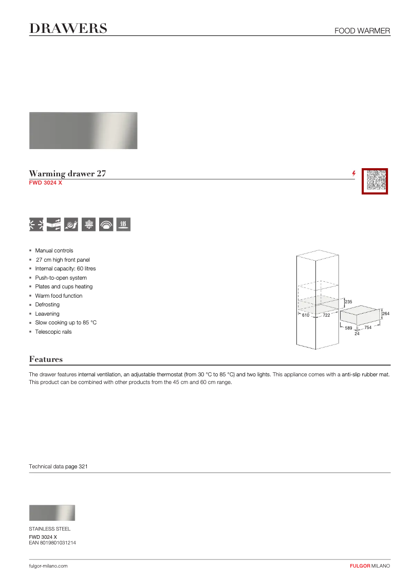 Page 1 de la notice Fiche technique Fulgor Milano FWD 3024