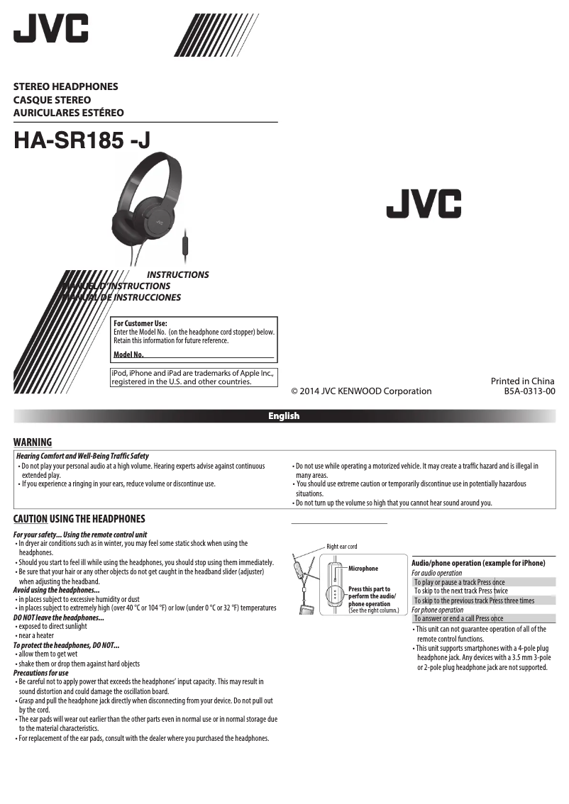 Page 1 de la notice Manuel utilisateur JVC HA-SR185