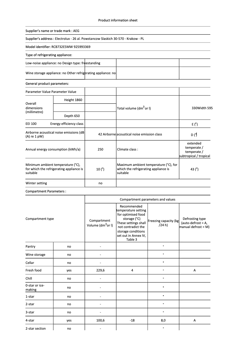 Page 1 de la notice Fiche technique AEG RCB732E5MW