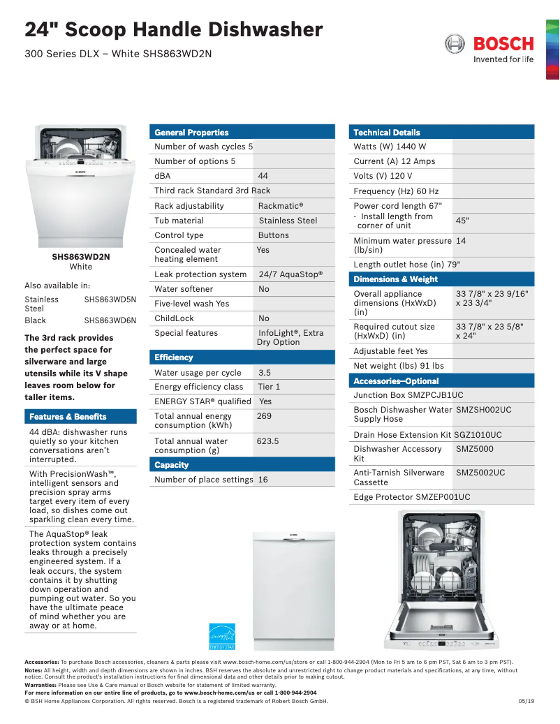 Page 1 de la notice Fiche technique Bosch SHS863WD2N