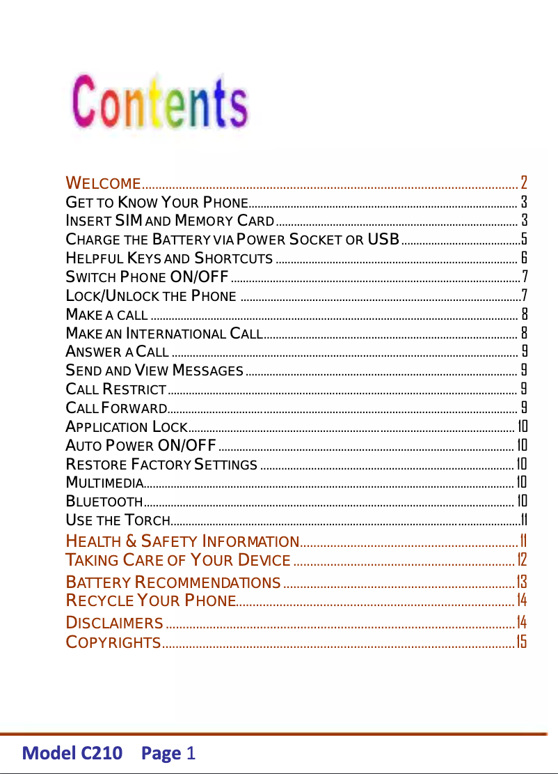 Page 1 de la notice Manuel utilisateur Micromax C210