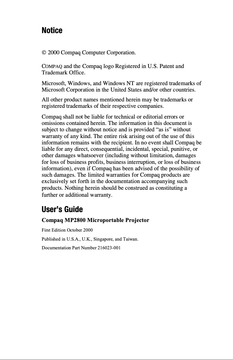 Page n°1 - Manuel utilisateur Compaq MP2800