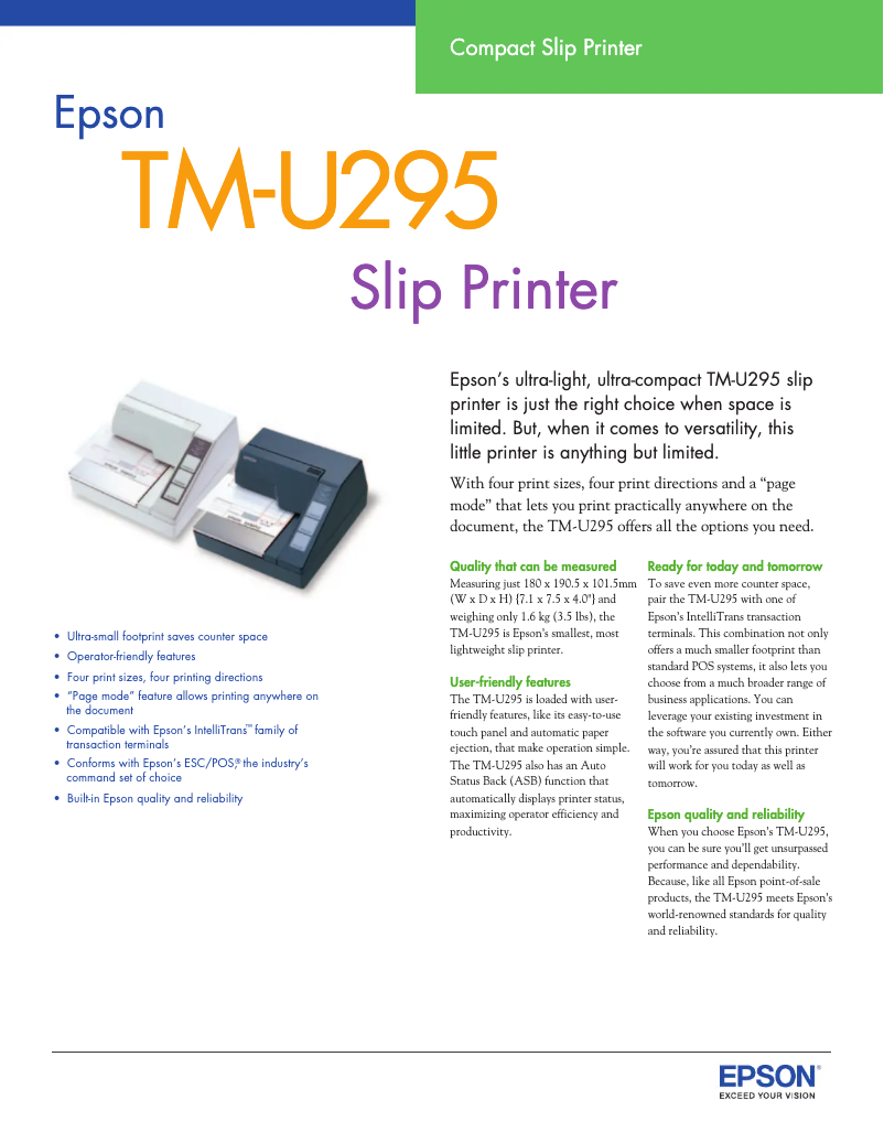 Page 1 de la notice Fiche technique Epson TM-U295