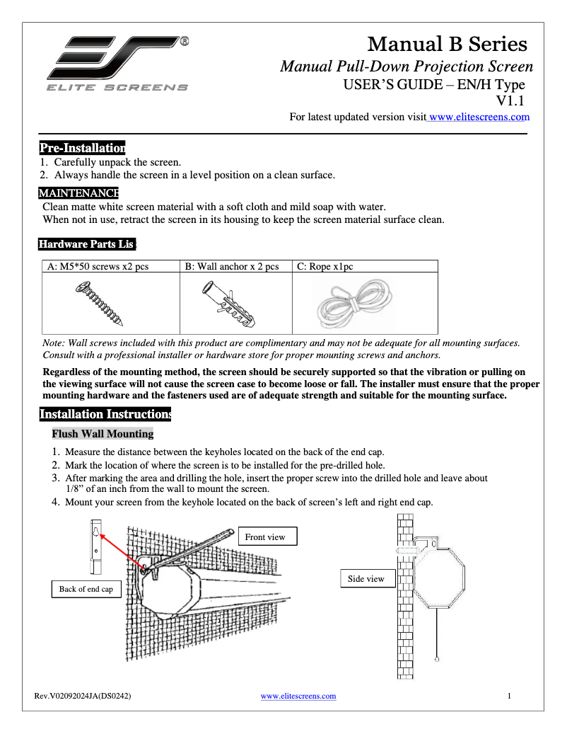 Page 1 de la notice Manuel utilisateur Elite Screens Manual M100X