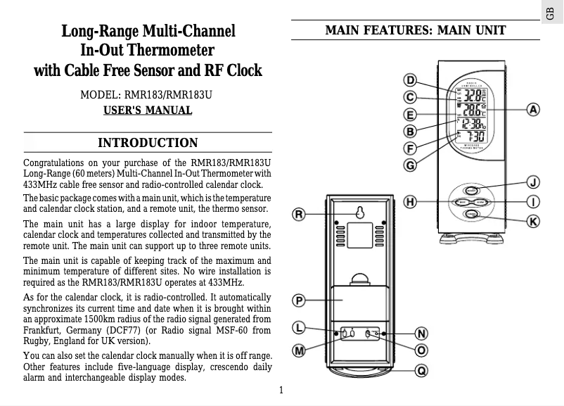 Page 1 de la notice Manuel utilisateur Oregon Scientific RMR183