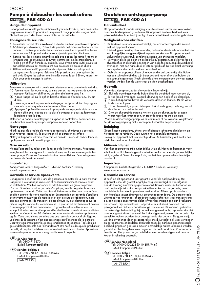 Page 1 de la notice Manuel utilisateur Powerfix IAN 71150