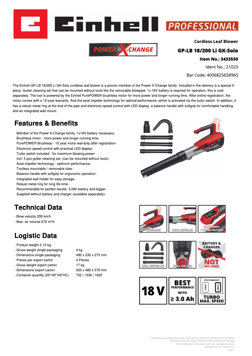 Page n°1 - Fiche technique Einhell GP-LB 18/200 Li GK-Solo