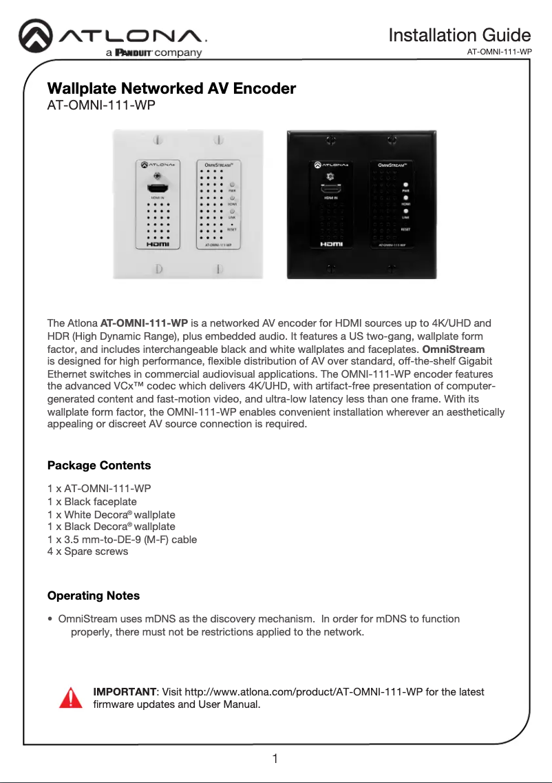 Page 1 de la notice Guide d'installation Atlona AT-OMNI-111-WP