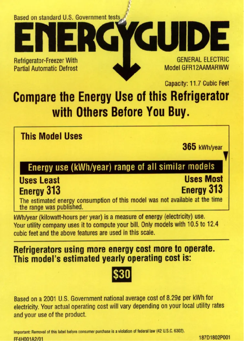 Página 1 del manual Etiqueta energética GE GFR12AAMRWW