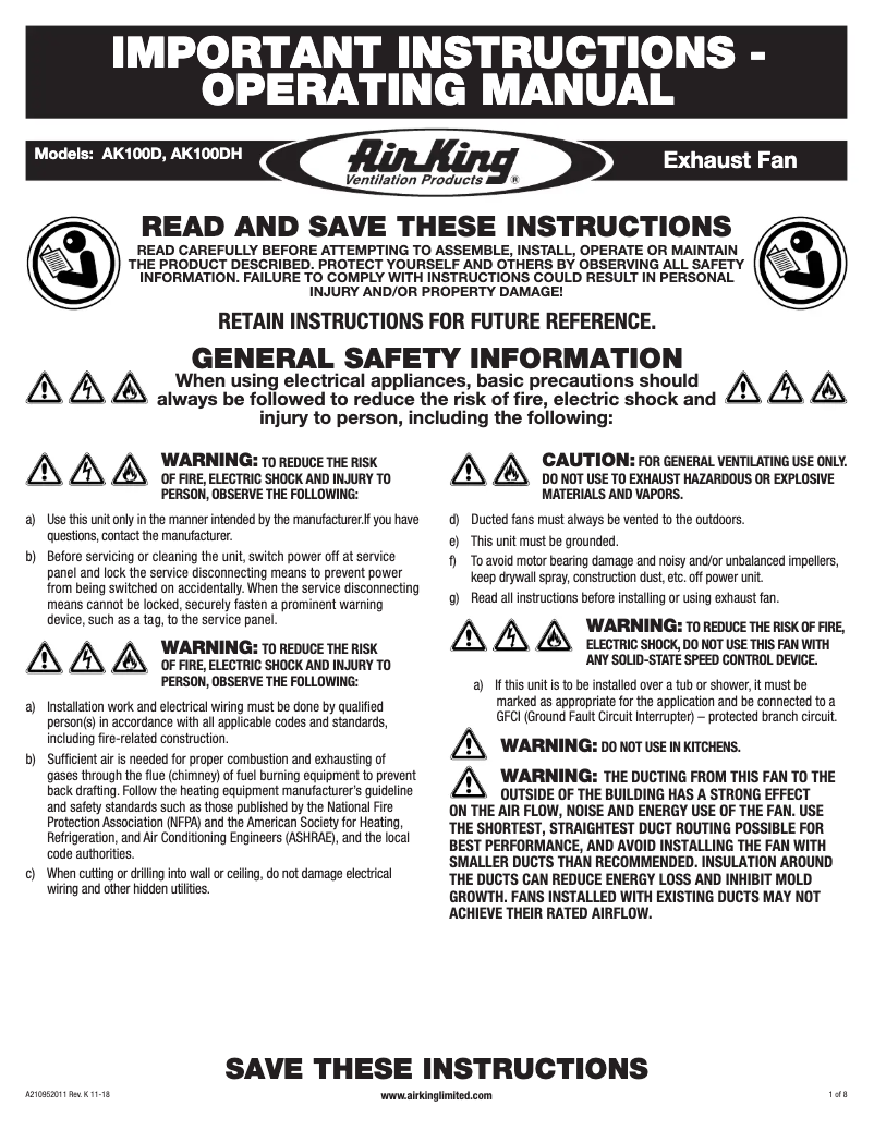 Page n°1 - Instructions / montage Air King AK100D
