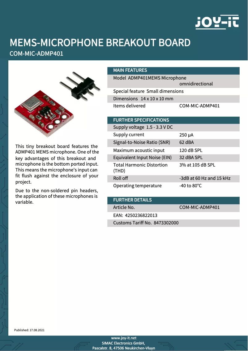 Página 1 del manual Ficha técnica Joy-It COM-MIC-ADPM401
