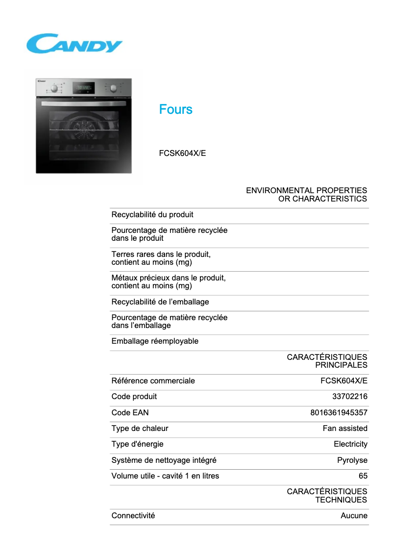 Page 1 de la notice Fiche technique Candy FCSK604X/E