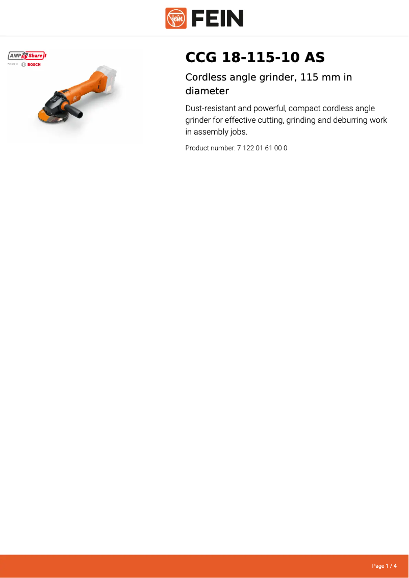 Page n°1 - Fiche technique Fein CCG 18-115-10 AS