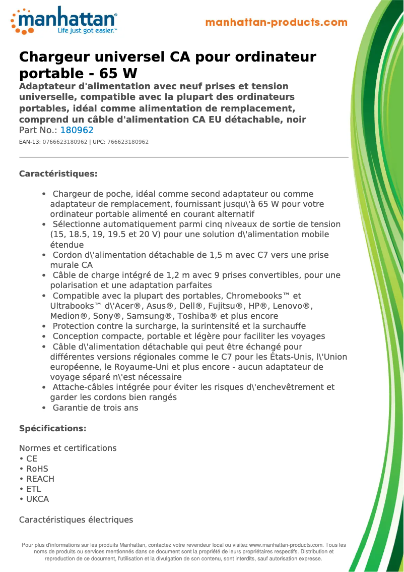Page 1 de la notice Fiche technique Manhattan 180962
