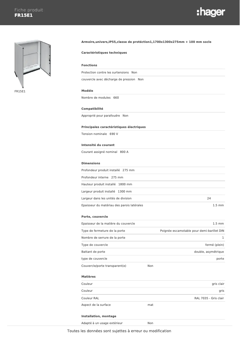 Page 1 de la notice Fiche technique Hager FR15E1