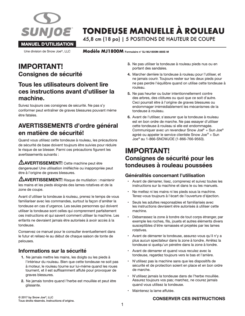 Page 1 de la notice Manuel utilisateur Sun Joe MJ1800M
