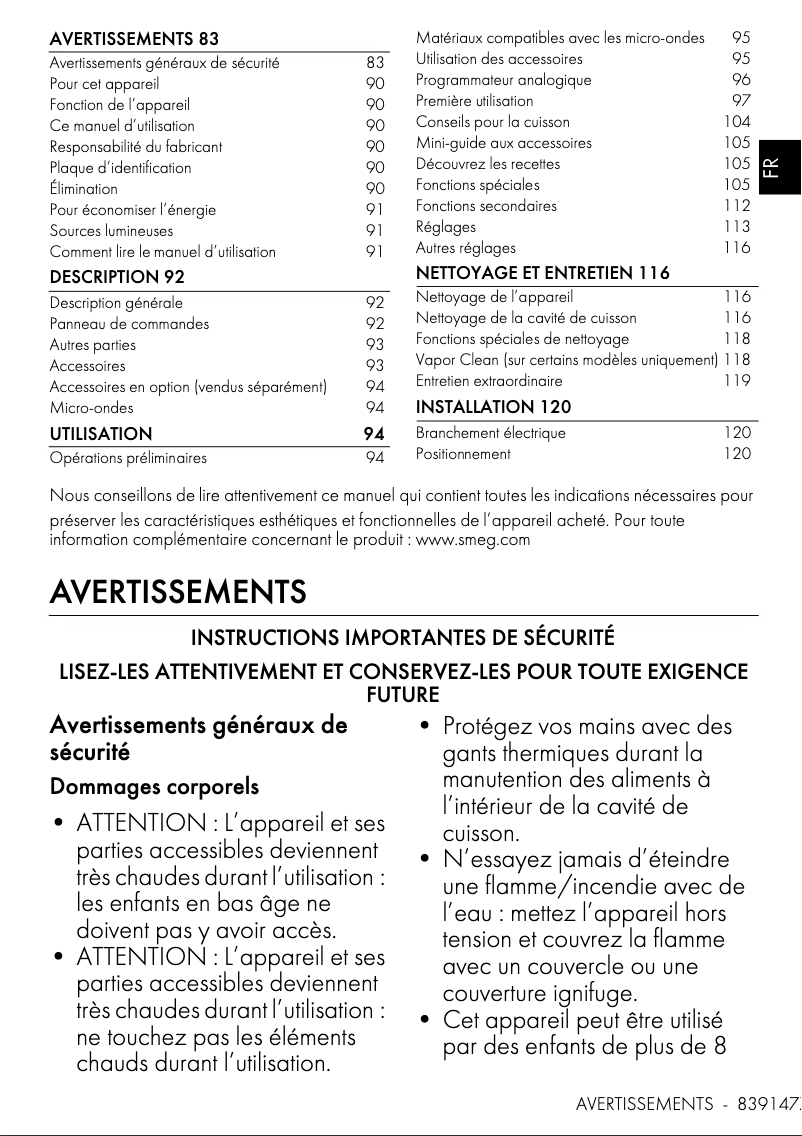 Page 1 de la notice Manuel utilisateur Smeg SO6102M2G