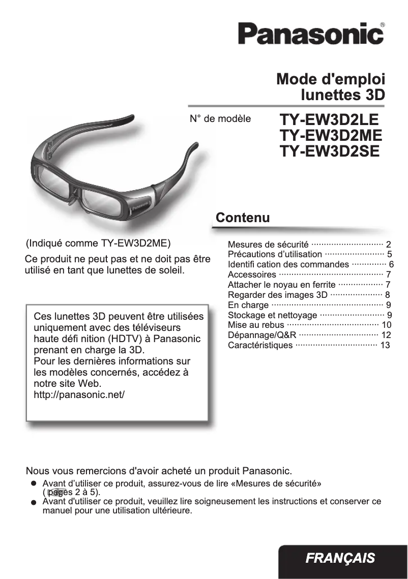 Page 1 de la notice Manuel utilisateur Panasonic TY-EW3D2ME