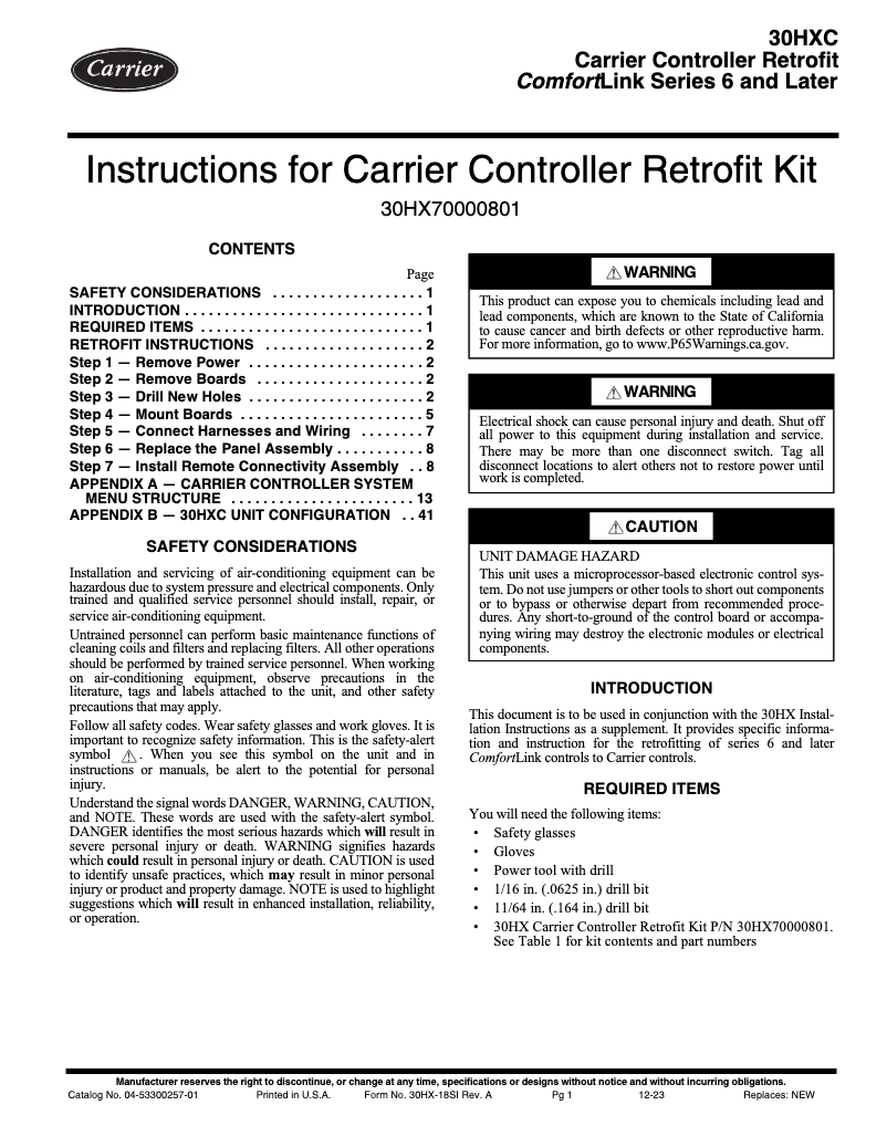 Page n°1 - Manuel utilisateur Carrier AquaForce 30HX