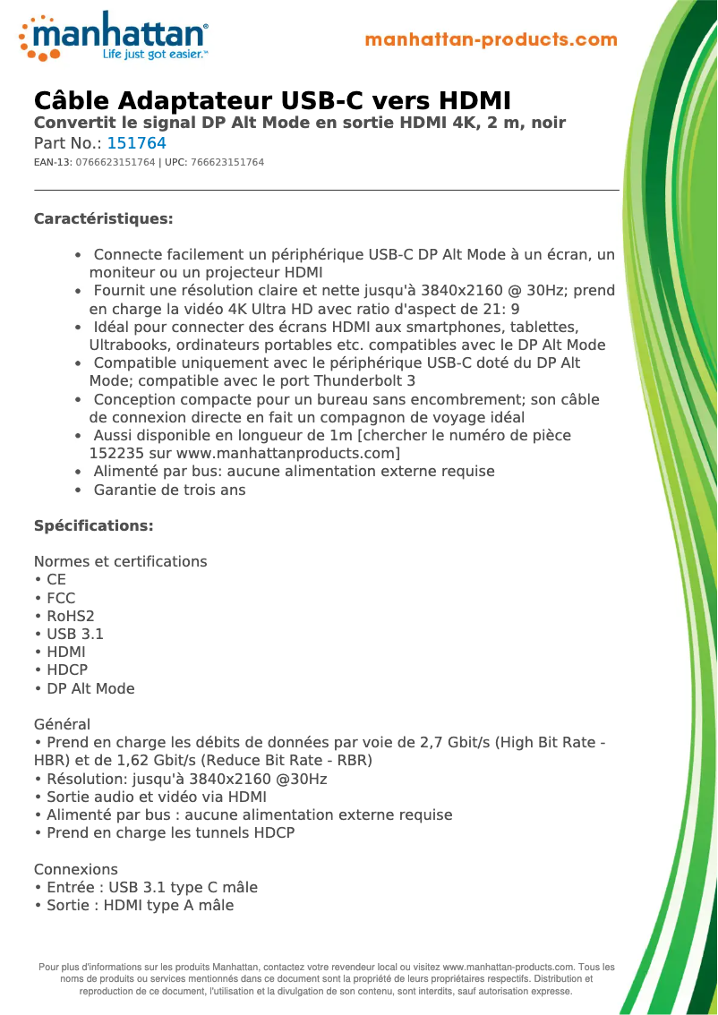 Page 1 de la notice Fiche technique Manhattan 151764
