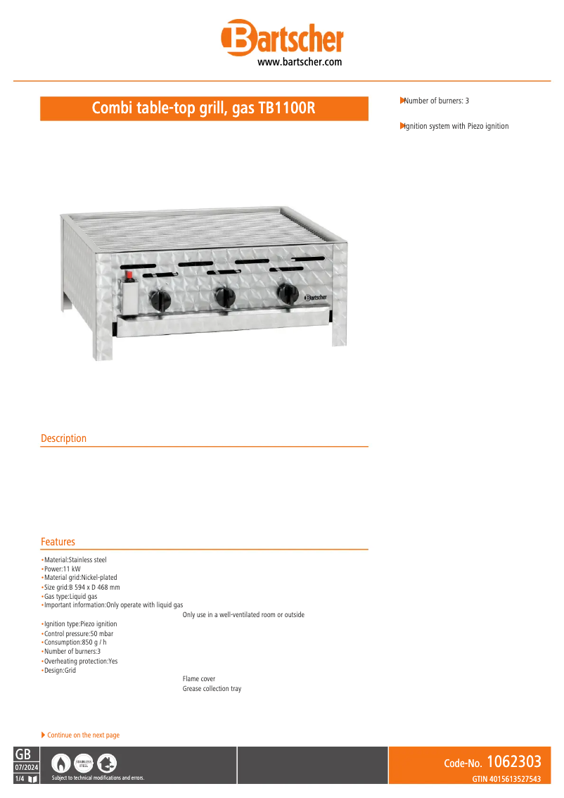 Page n°1 - Fiche technique Bartscher TB1100R