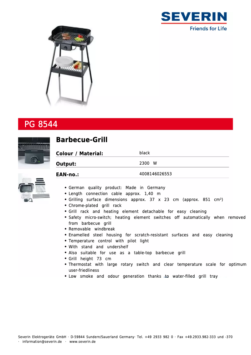Page 1 de la notice Fiche technique Severin PG 8544