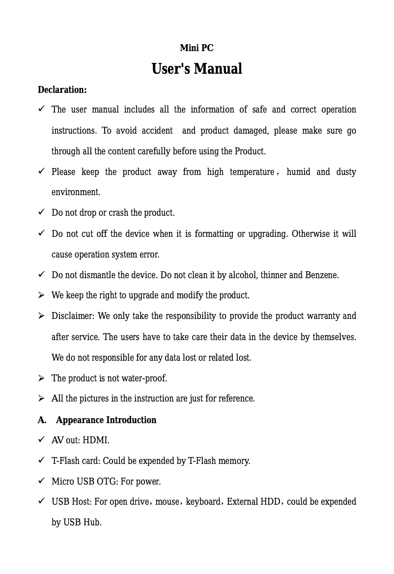 Page 1 de la notice Manuel utilisateur WayteQ Measy U4A Android Mini PC