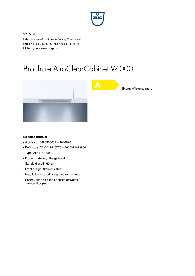 Page 1 de la notice Brochure V-Zug AiroClearCabinet V4000