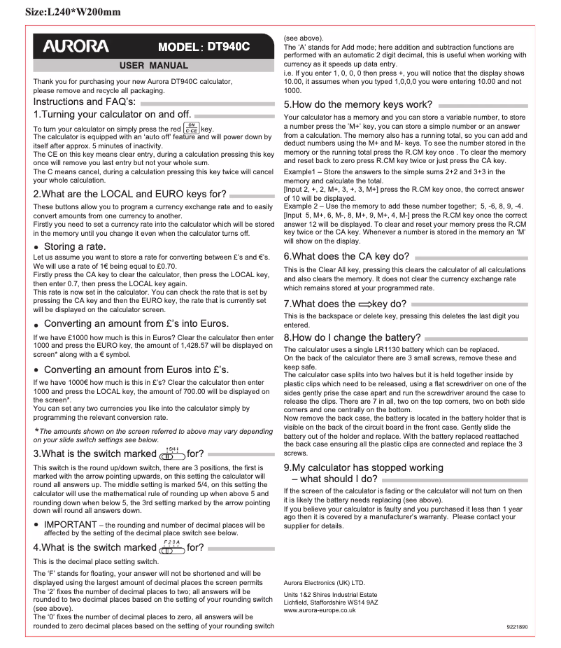 Page 1 de la notice Manuel utilisateur Aurora DT940C