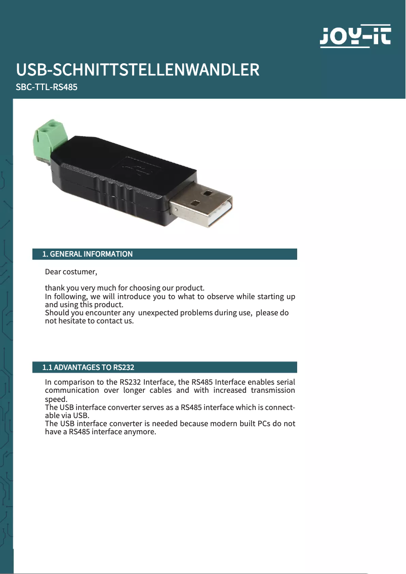 Page n°1 - Manuel utilisateur Joy-It SBC-TTL-RS485