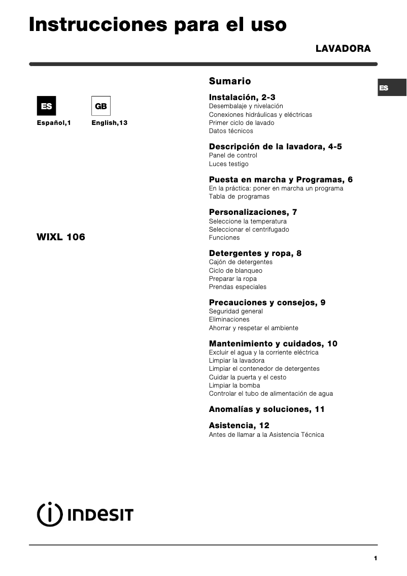 Page n°1 - Manuel utilisateur Indesit WIXL 106 (EU) (V)