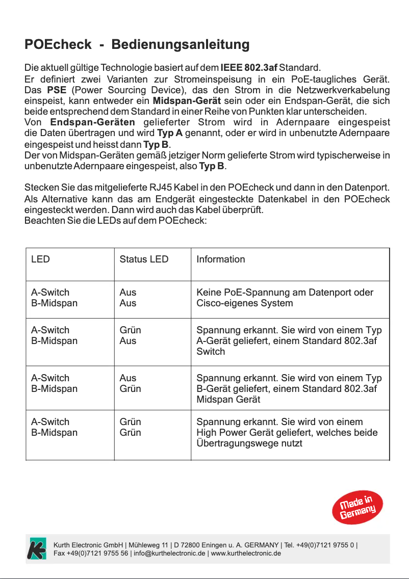 Page 1 de la notice Manuel utilisateur Kurth Electronic POEcheck