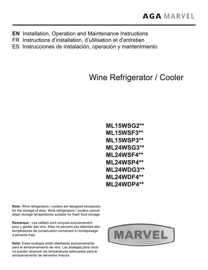 Page 1 de la notice Manuel utilisateur Marvel ML15WSG2RS