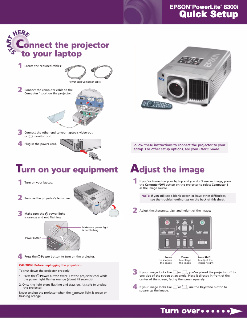 Page 1 de la notice Guide de démarrage rapide Epson PowerLite 8300NL