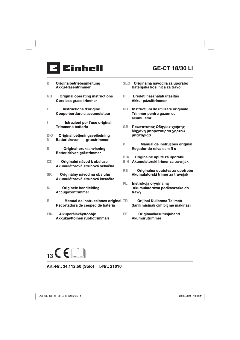 Page 1 de la notice Manuel utilisateur Einhell GE-CT 18/30 Li-Solo