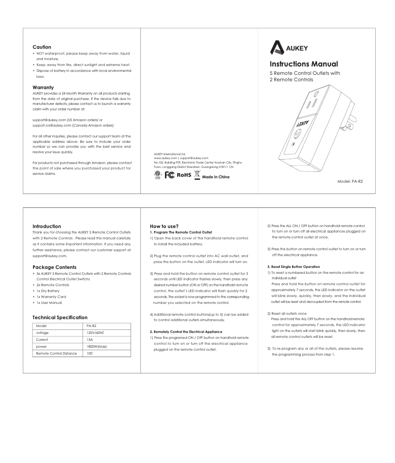 Page 1 de la notice Manuel utilisateur Aukey PA-R2