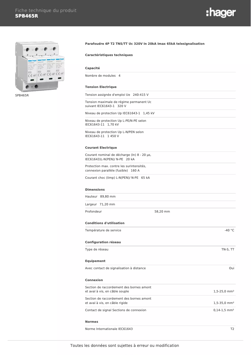 Page n°1 - Fiche technique Hager SPB465R