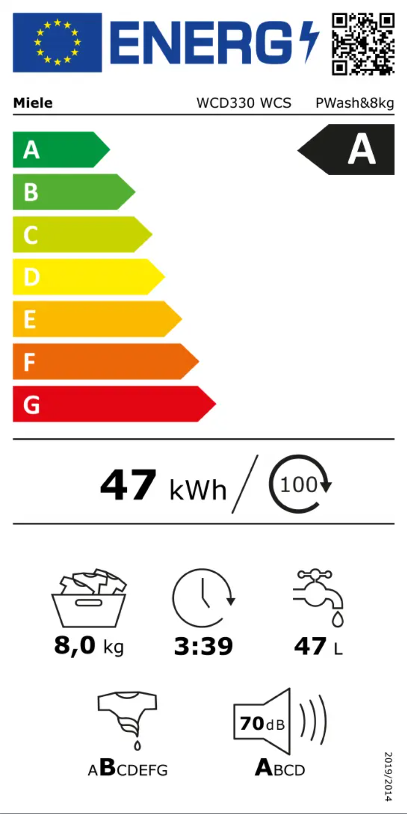 Page n°1 - Label énergétique Miele WCD 330 WCS PWash & 8kg