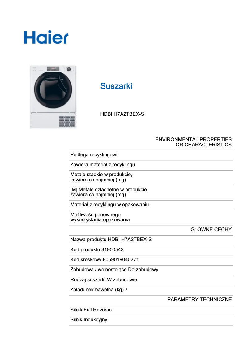 Page 1 de la notice Label énergétique Haier HDBI H7A2TBEX-S