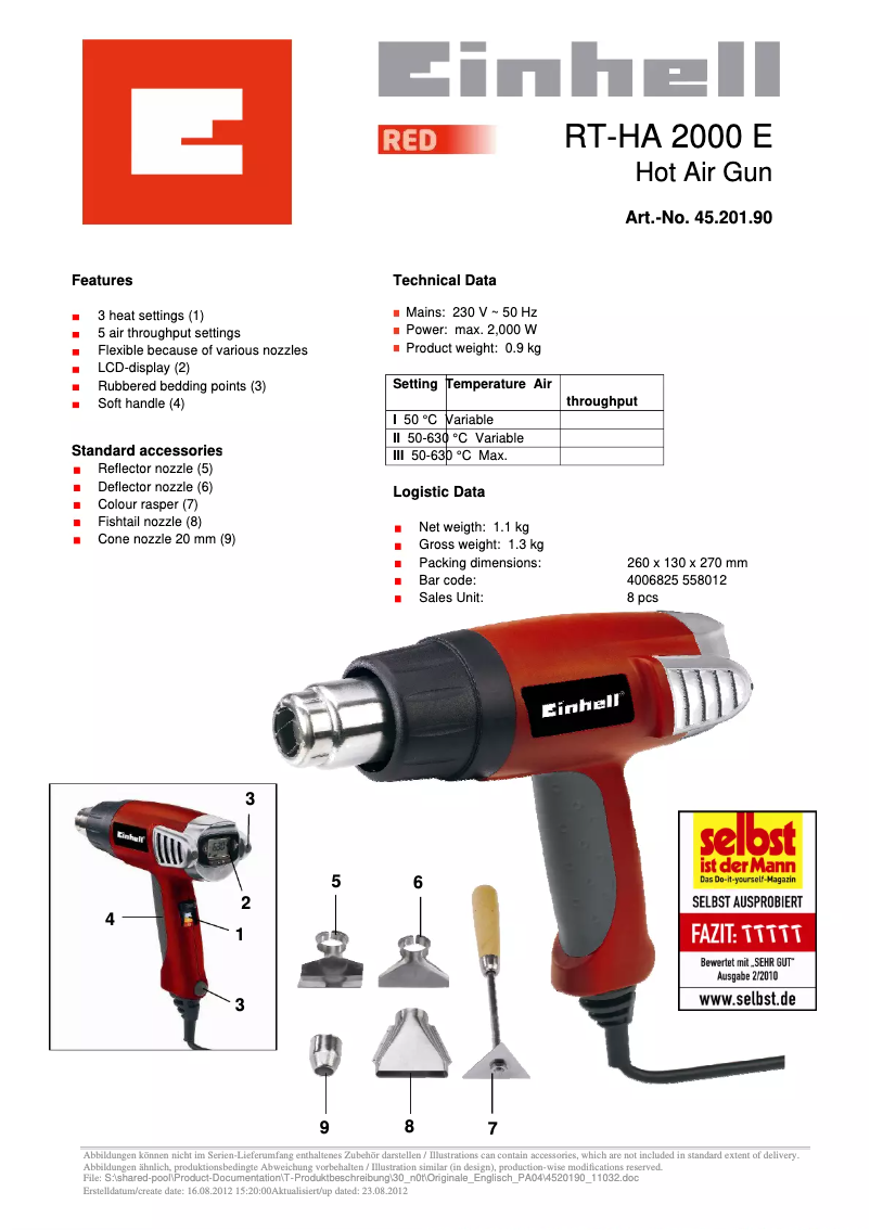 Page 1 de la notice Fiche technique Einhell RT-HA 2000 E