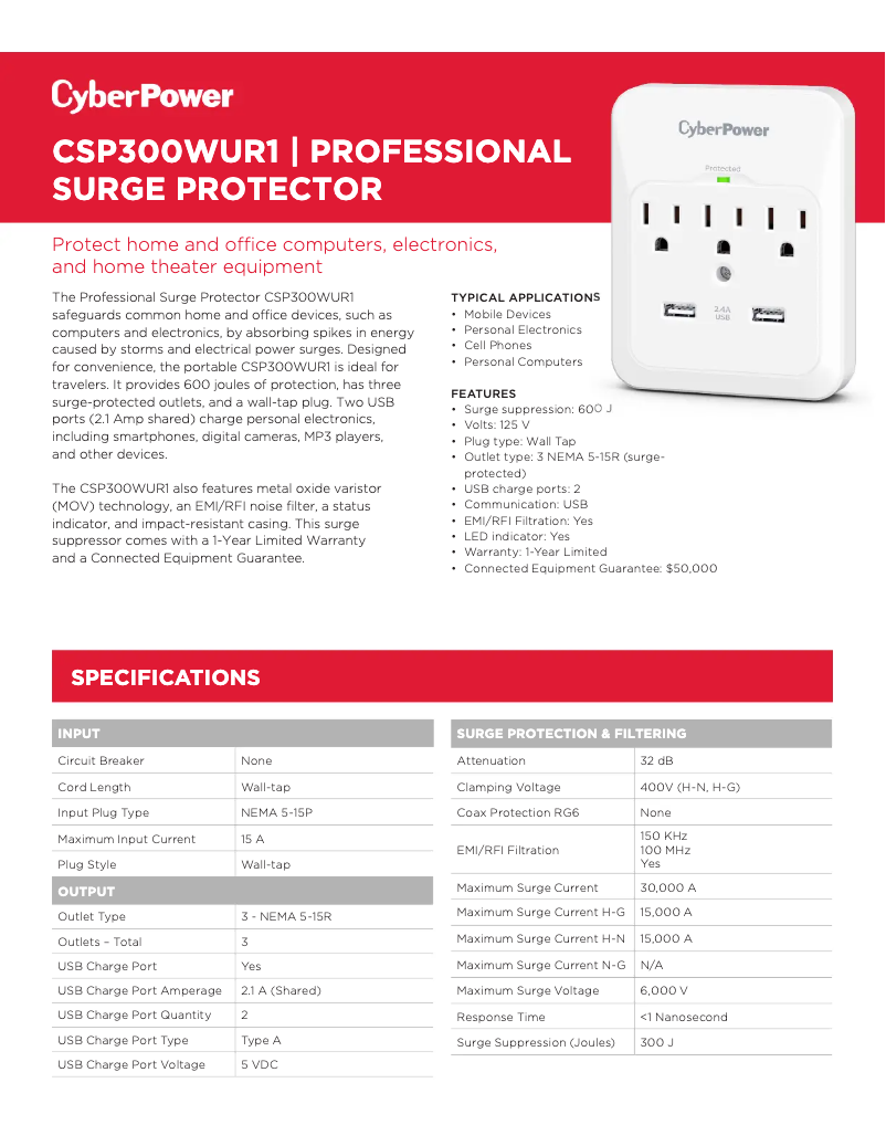 Página 1 del manual Información de garantía CyberPower Professional CSP300WUR1