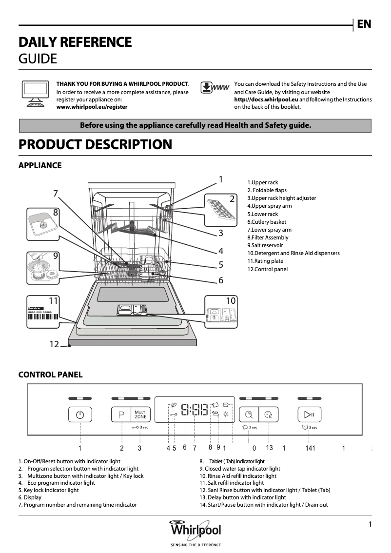 Page 1 de la notice Instructions de sécurité Whirlpool WFC 3C26