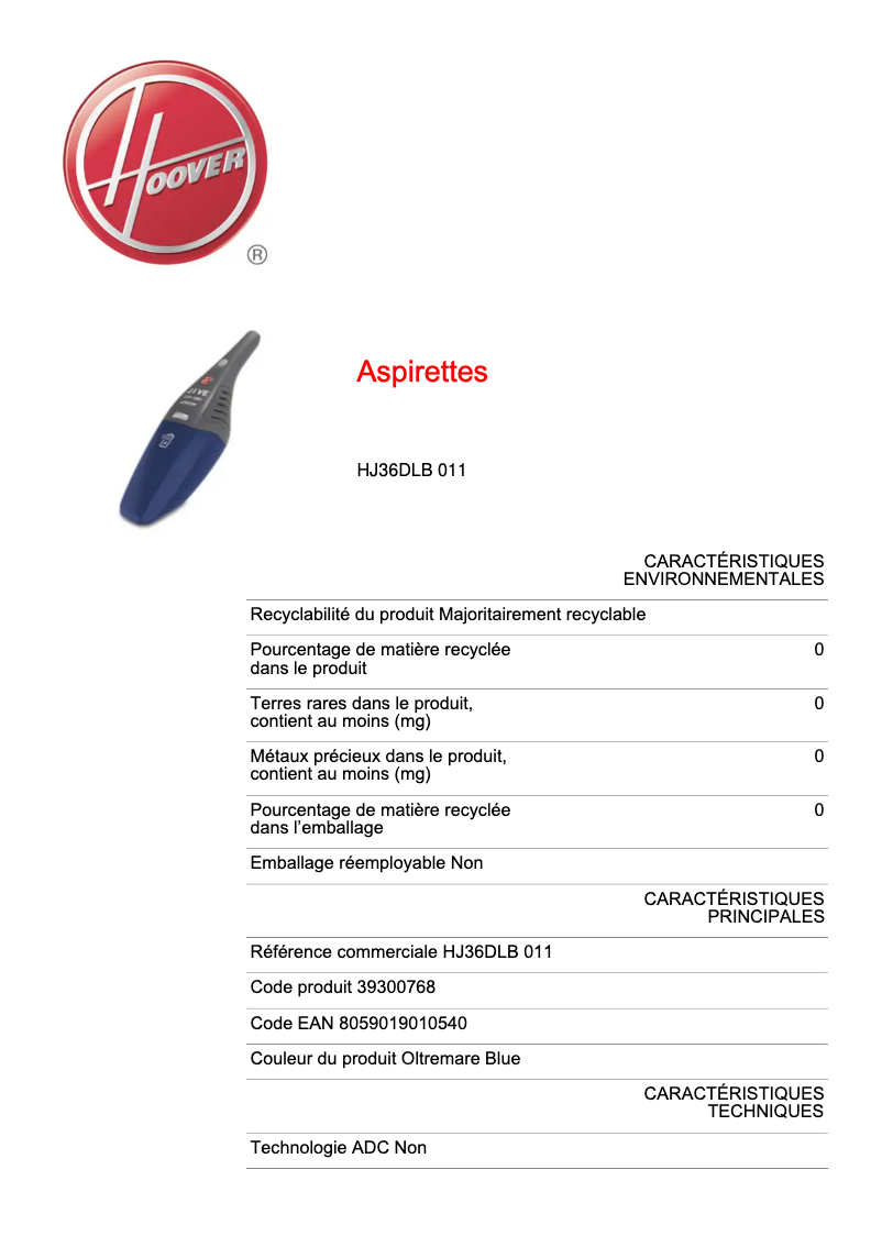 Page n°1 - Fiche technique Hoover JIVE LITHIUM HJ36DLB 011