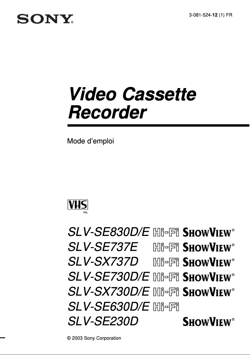 Page 1 de la notice Manuel utilisateur Sony SLV-SE630E