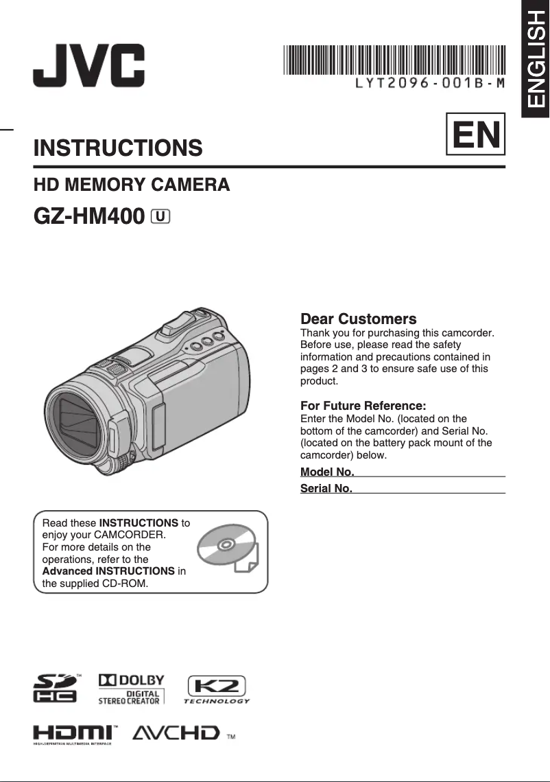 Page 1 de la notice Manuel utilisateur JVC GZ-HM400EU
