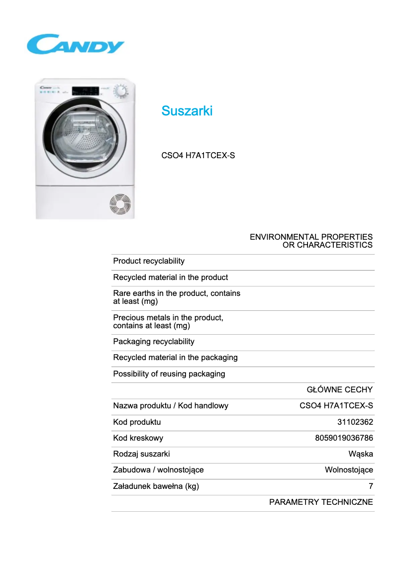 Page 1 de la notice Fiche technique Candy CSO4 H7A1TCEX-S