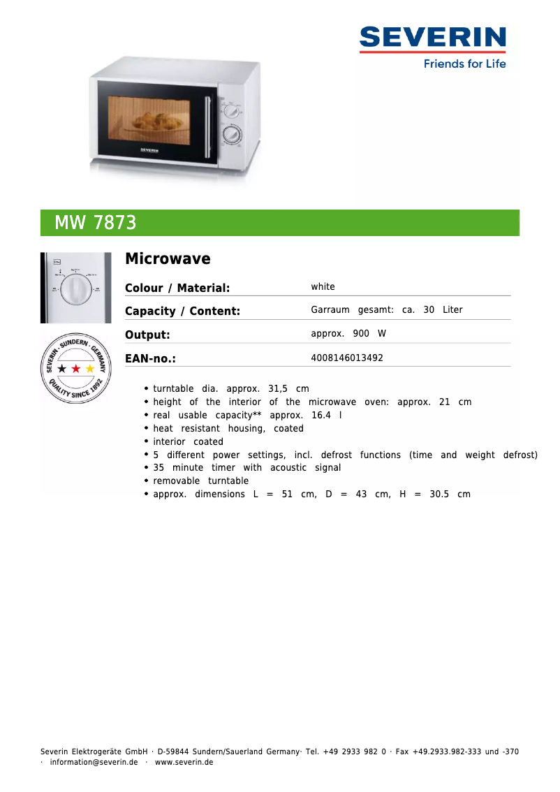 Page 1 of the manual Technical Sheet Severin MW 7873