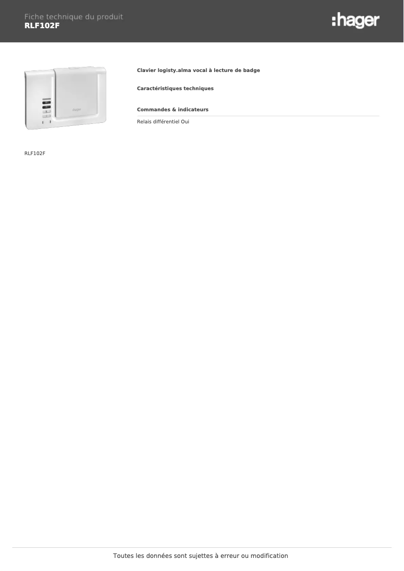 Page 1 de la notice Fiche technique Hager RLF102F