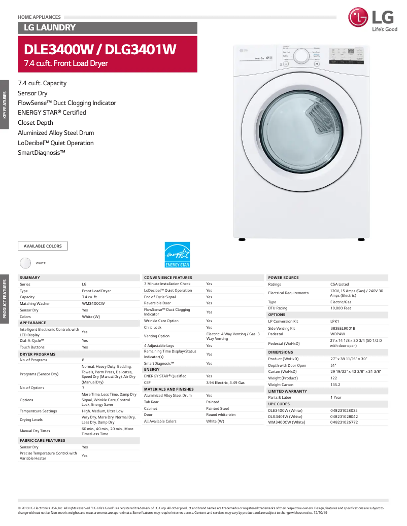 Page 1 de la notice Fiche technique LG DLE3400W
