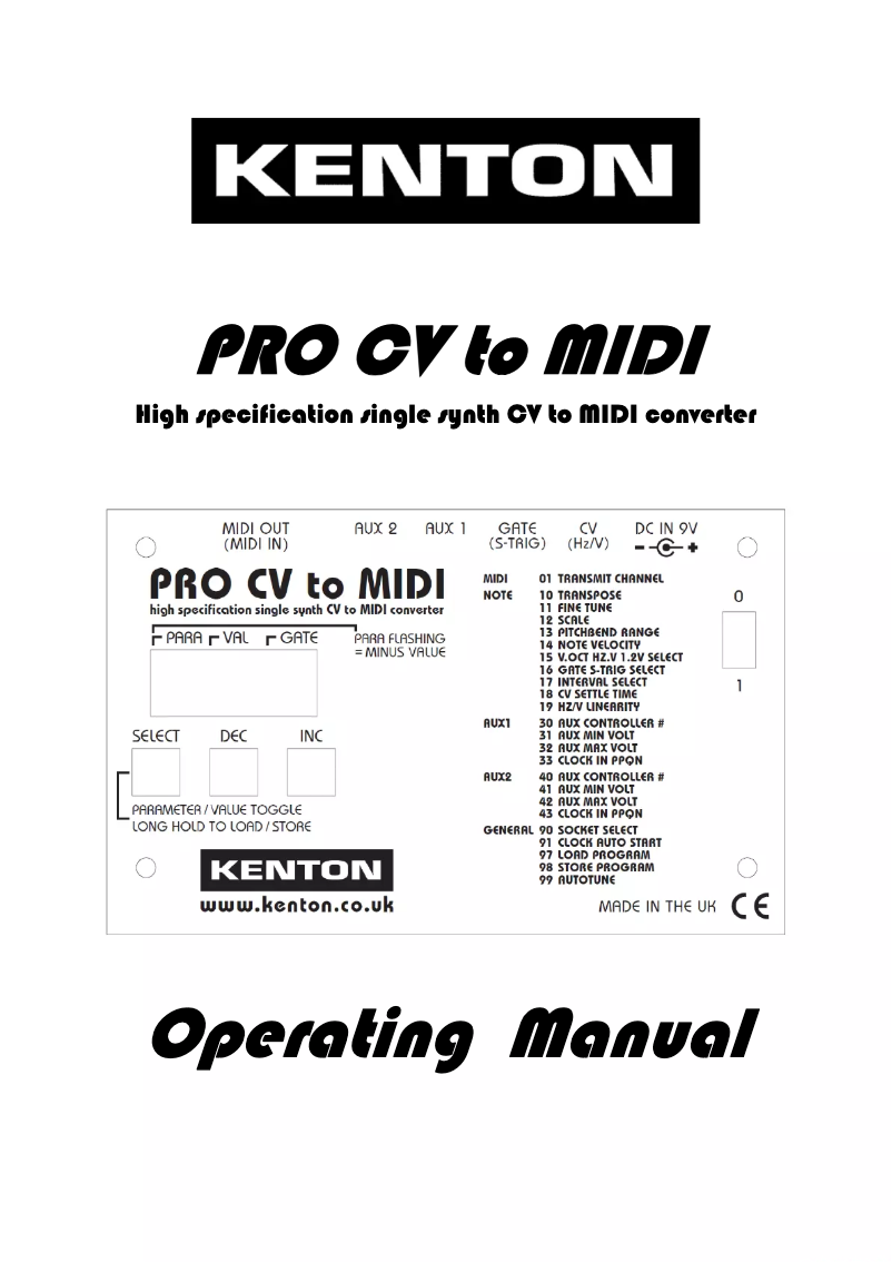 Page n°1 - Manuel utilisateur Kenton PRO CV to MIDI